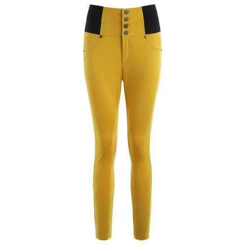 Button Embellished High Rise Ponte Pants - Bee Yellow S