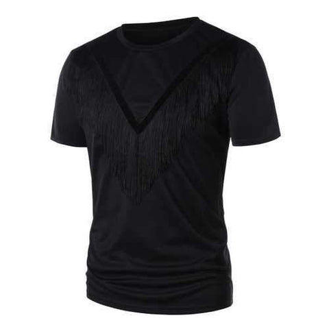 Fringe Velvet Panel Short Sleeve T-shirt - Black Xl