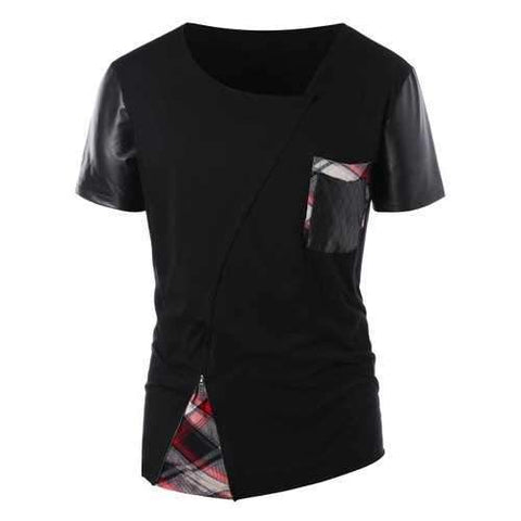 Plaid Panel Zip Embellished Asymmetric T-shirt - Black Xl