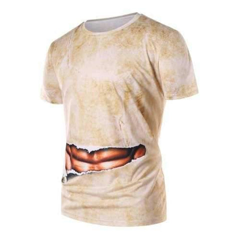 Fake Abs Print Short Sleeve T-shirt - Khaki M