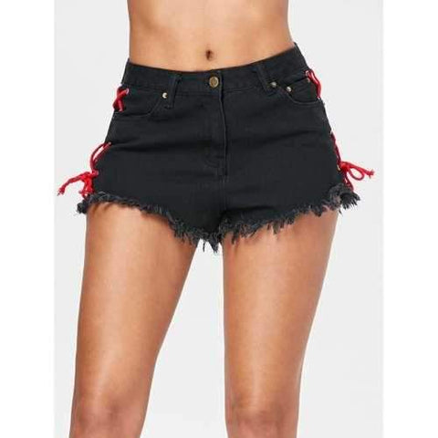 Side Lace Up Cuff Off Shorts - Black S