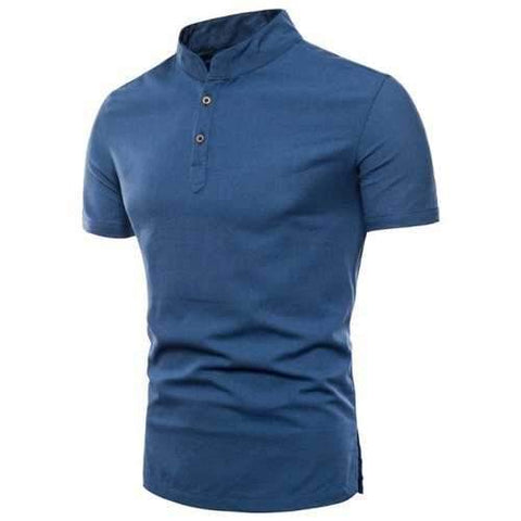 Short-sleeved Solid Color Cotton Linen Men's T-shirt - Peacock Blue M