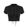 Short Sleeve Lace Up Ribbed Crop Top - Black M