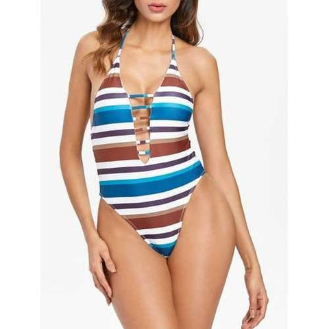 Backless Striped One Piece Swimsuit - M
