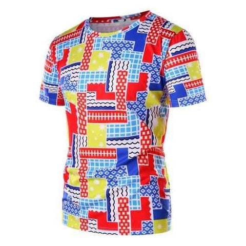 Colorful Geometric Print Round Neck T-shirt - Xl