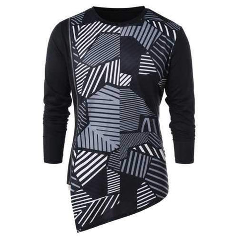 Geometric Print Zipper Embellished Asymmetric T-shirt - Black L