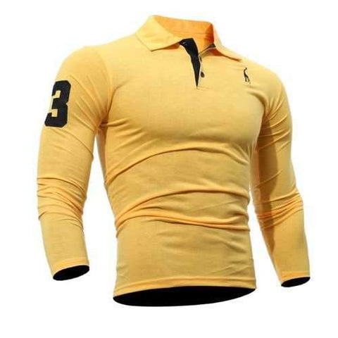 Men Casual Embroiderye Long Sleeve Polo Shirt - Yellow Xl