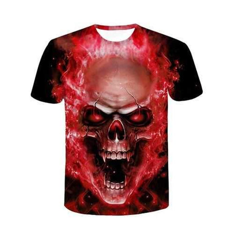 Flame Skull Print Casual Tee - Love Red L