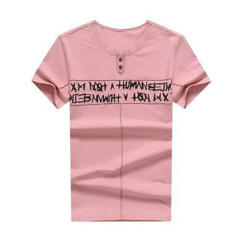 Letter Print V Neck Patchwork Tee Shirt - Light Pink L