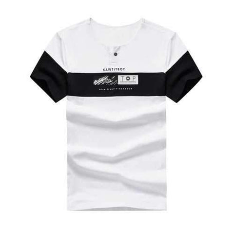 Letter Split Neck Color Block T-shirt - White M
