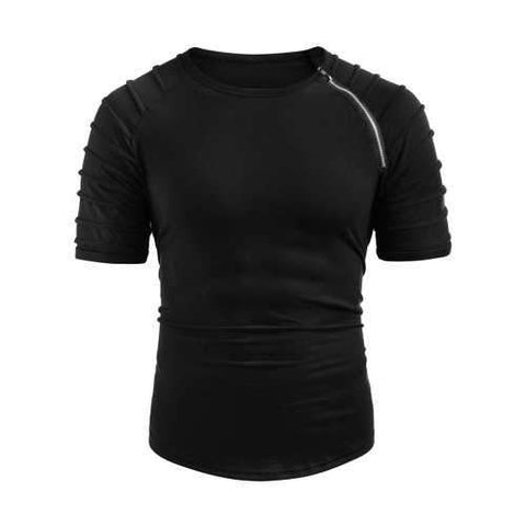 Zipper Pleated Sleeve Solid Color T-shirt - Black L