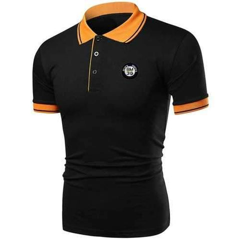 Stripe Trim Applique Polo Collar T-shirt - Black L