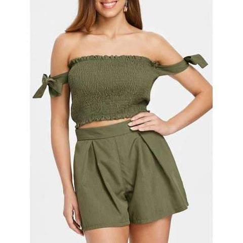 Shirred Top and Elastic Waist Shorts - Army Green S