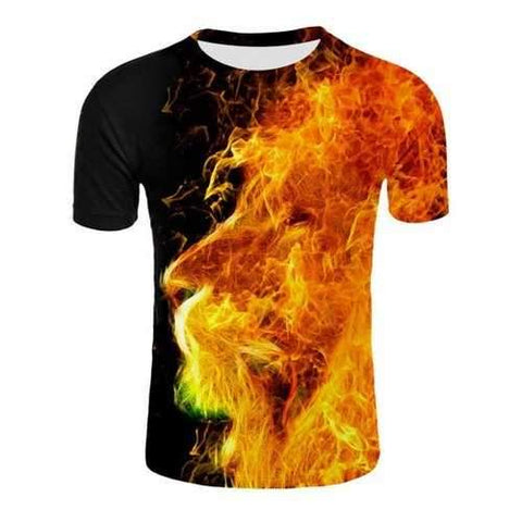 3D Fire Lion Print Short Sleeve T-shirt - Black Xl