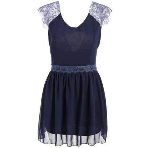 Trendy Style Sleeveless Lace Splicing Solid Color Backless Women's Dress - Blue Xl