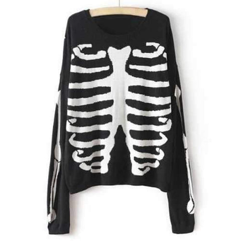 Casual Round Neck Skull Print Long Sleeve Knitted Sweater For Women - Black M