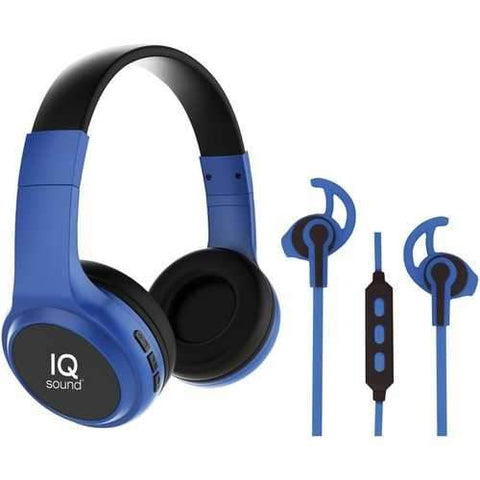 Iq Sound 2-in-1 Bluetooth Headphones And Earbuds With Microphone Combo (blue) (pack of 1 Ea)