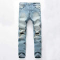 Vintage Fashion Light Blue Worn Hole Printed Stone Washed Denim Ripped Jeans for Men