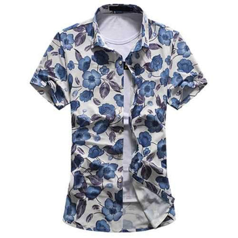Plus Size Casual Fashion Beach Soft Slim Floral Printing Short Sleeve Dress Shirts for Men