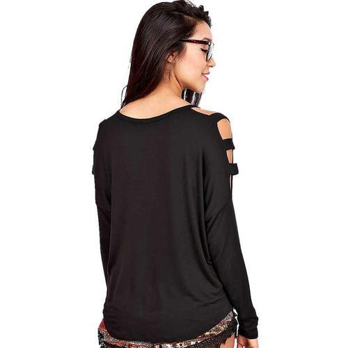 Elegant Newest Women Long Sleeves With Strappies-Hollow Out Shirt Black