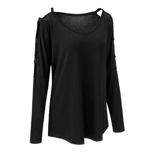 Elegant Newest Women Long Sleeves With Strappies-Hollow Out Shirt Black