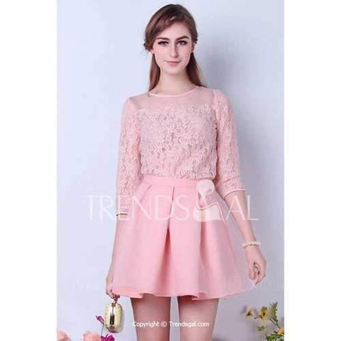 Elegant Round Collar Hollow Lace 3/4 Length Sleeve Pink Women's Blouse - Pink S