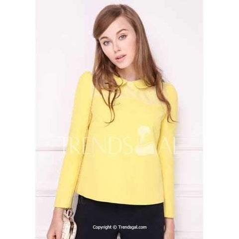 Sweet Peter Pan Collar Solid Color Yellow Long Sleeve Women's Blouse - Yellow S