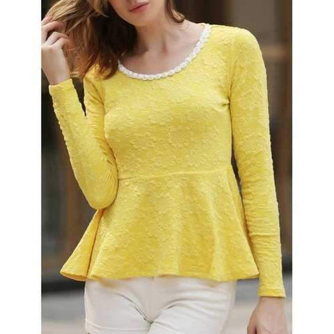 Charming Round Collar Beading Embellished Long Sleeve Cotton Blend Yellow Women's Blouse - Yellow S