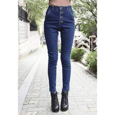 Slimming Single-Breasted High Waist Women's Denim Jeans - Deep Blue L
