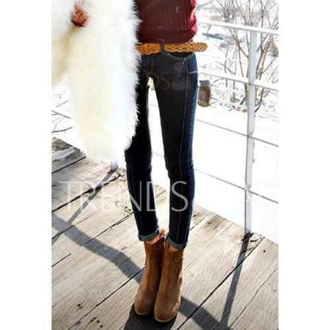 Straight Leg Fashionable Style Solid Color Skinny Women's Jeans - Deep Blue L