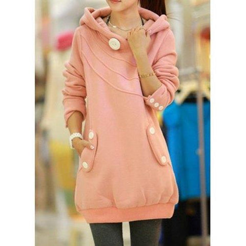 Casual Hooded Button Pocket Splicing Long Sleeves Thickened Loose-Fitting Women's Hoodie - Pink One Size