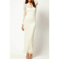 Elegant V-Neck Lacework See-through Long Sleeves Lace Women's Bodycon Dress - White Xl