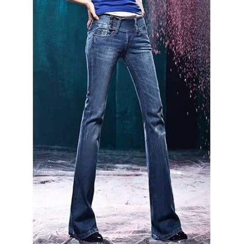 Slimming Mid-Waisted Three-Buttons Women's Boot-Cut Jeans - Blue 28