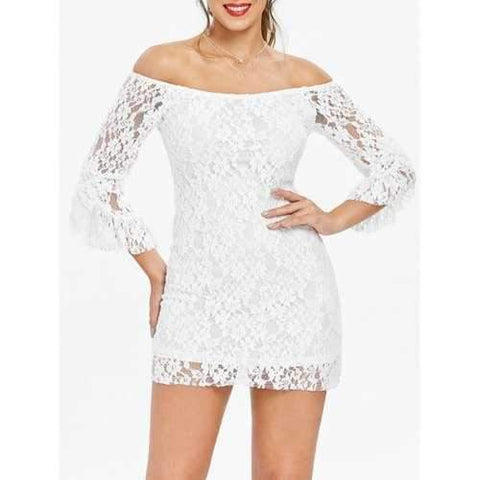 Mini Off Shoulder Lace Tight Club Dress - White M