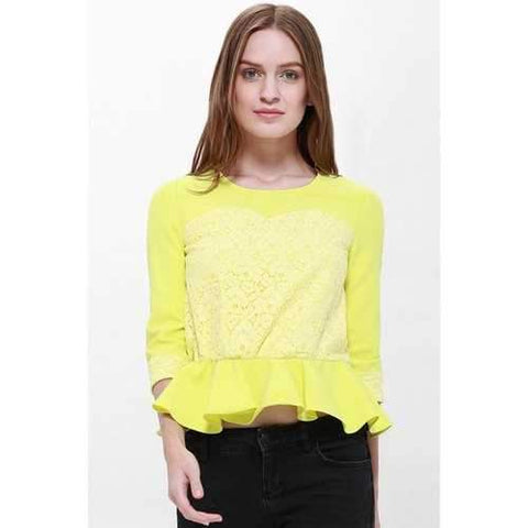 Sweet Round Collar Lace Thicken Flouncing 3/4 Length Sleeve Women's Blouse - Yellow M