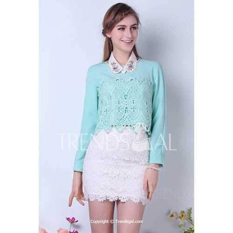 Charming Round Neck Solid Color Lace Long Sleeve Light Green Women's Blouse - Green M