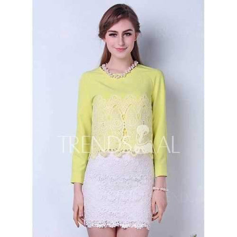 Charming Round Neck Solid Color Lace Long Sleeve Light Yellow Women's Blouse - Yellow S